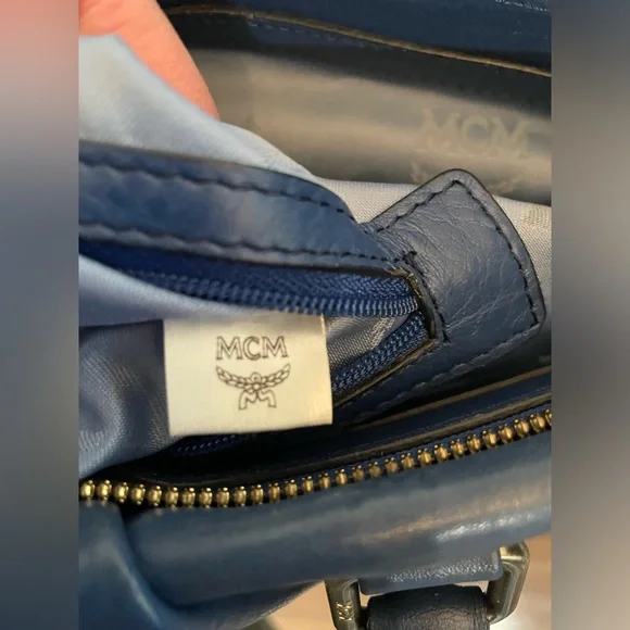 MCM Embossed Blue Leather Bag with original crossbody strap